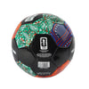 Colorful soccer ball with patterned design on a white background