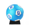 Blue and white soccer ball with FIFA logos on a stand against a white background