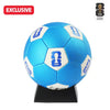 Blue and white soccer ball with FIFA logo on a stand, featuring 'Exclusive' label and FIFA badge.