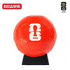 Red soccer ball with FIFA logo on a stand, featuring 'Exclusive' label and FIFA badge.