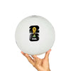 White soccer ball with FIFA logo held by a hand on a white background
