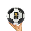 Soccer ball with FIFA logo held in a hand on a white background